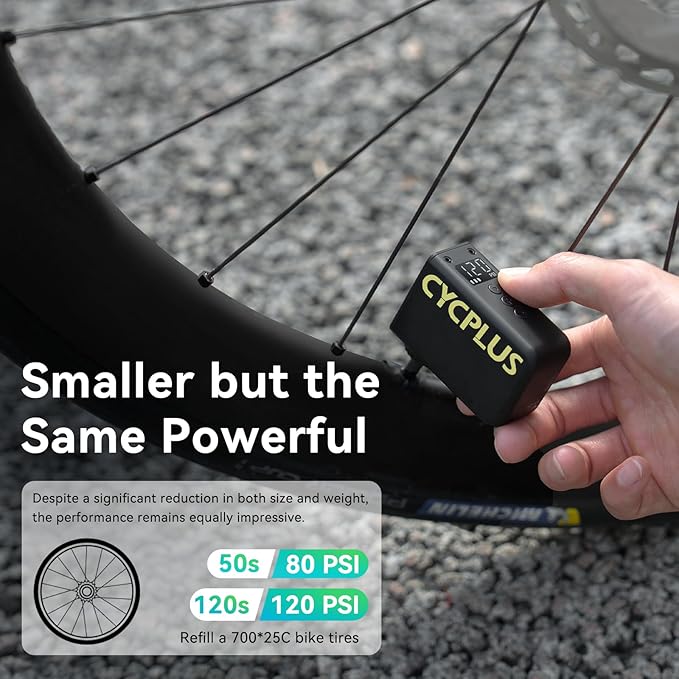 CYCPLUS AS2 Ultra Tiny Bicycle Pump with Gauge, Max 120 PSI Electric Mini Pump, Auto Stop, with Presta and Schrader Valve for E-Bike, MTB, and Road Bike AS2 Ultra (3.06oz)-StrideForce Fitness