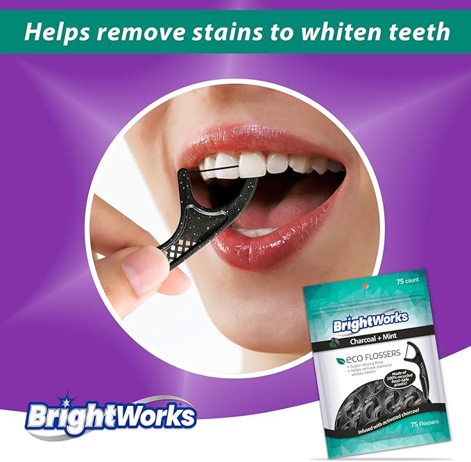 Brightworks ECO Sustainable Floss Picks - 225 Count - PFAS Free - Made in USA Charcoal + Mint Infused 100% Post-Consumer Recycled Plastic with Micro-Crystals for Oral Care Hygiene Gum Health
