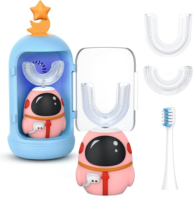 FTOYIN Kids Electric Toothbrush with 3 Brush Heads, U Shaped Ultrasonic Toothbrush Kids with 5 Modes, 45s Smart Reminder, 360-Degree Automatic Cleaning, IPX7 Waterproof Design