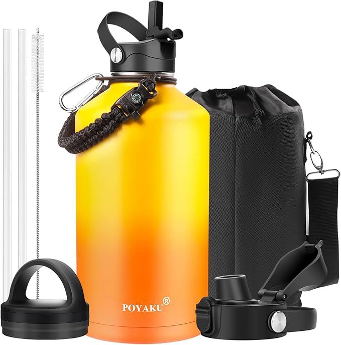 Water Bottle Insulated 32oz 40oz 64oz 128oz Straw Lid Spout Lid & 3 Lids, Leak Proof, Vacuum Insulated,Stainless Steel Water Bottle Wide Mouth for Sports, Gym or Office-StrideForce Fitness