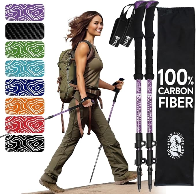 100% Carbon Fiber Trekking Poles by USA Brand - Ultra Strong Lightweight Collapsible Hiking Poles with Cork and EVA Foam Grips & Quick Adjustable Flip Locks-StrideForce Fitness