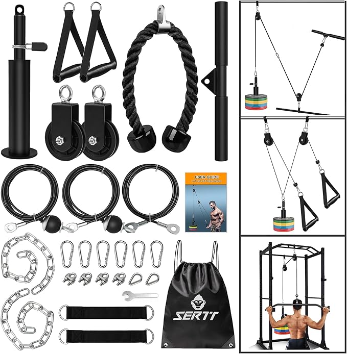 SERTT Weight Cable Pulley System Gym, Upgraded Cable Pulley Attachments for LAT Pull Down, Biceps Curl, Tricep, Arm Workouts - Home Gym Add On Equipment-StrideForce Fitness