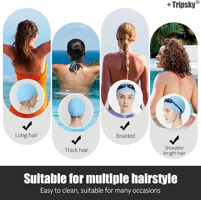 Tripsky Silicone Swim Cap,Comfortable Bathing Cap Ideal for Curly Short Medium Long Hair, Swimming Cap for Women and Men, Shower Caps Keep Hairstyle Unchanged…-StrideForce Fitness