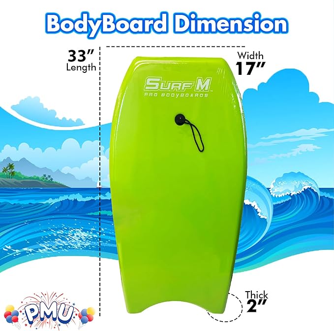PMU 33 Inch Lime Green Bodyboard - Lightweight Wrist Leash, Surf Mania, Slick Bottom Boards for Beach, Sea & Pool - Surfing Board for Kids, Teens & Adults Wave Conditions Pkg/1-StrideForce Fitness