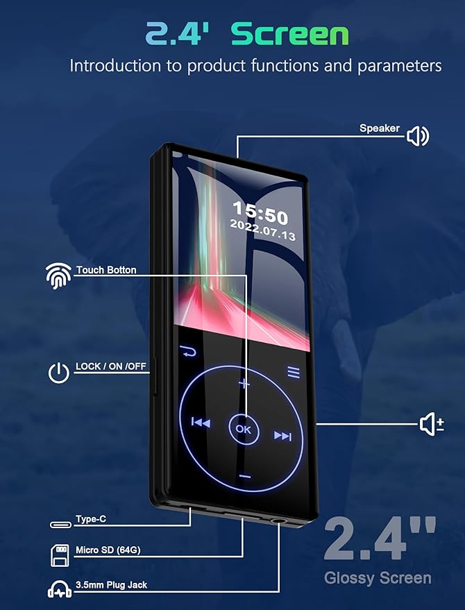 96GB MP3 Player with Bluetooth 5.0: Portable Lossless Sound Music Player with HD Speaker,2.4" Screen Voice Recorder,FM Radio,Touch Buttons,Support up to 64GB for Sport(Earphones&64GB TF Card Included)-StrideForce Fitness