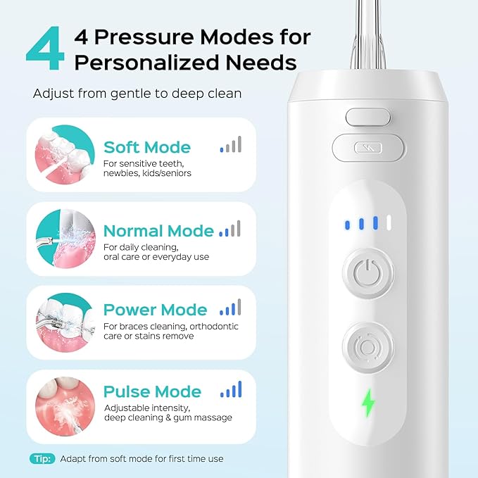 COSLUS Mini Water Flosser for Travel: Portable Compact Design, Cordless Oral Irrigator with 4 Jet Tips Storable, IPX7 Waterproof for Braces, Orthodontic, Sensitive Gums Outing & Home, White, T40