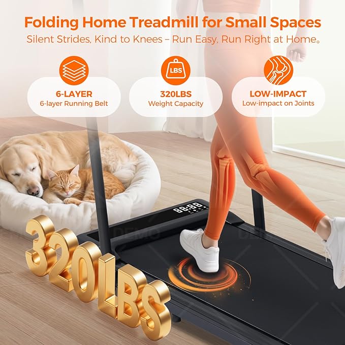 Portable Compact Treadmill with Handles for Home Small Spaces, Foldable Folding Walking Pad Treadmill with Handle Bar, 3.0HP Electric Walking Pads Treadmills Home with 320LB Capacity, LED Display-StrideForce Fitness