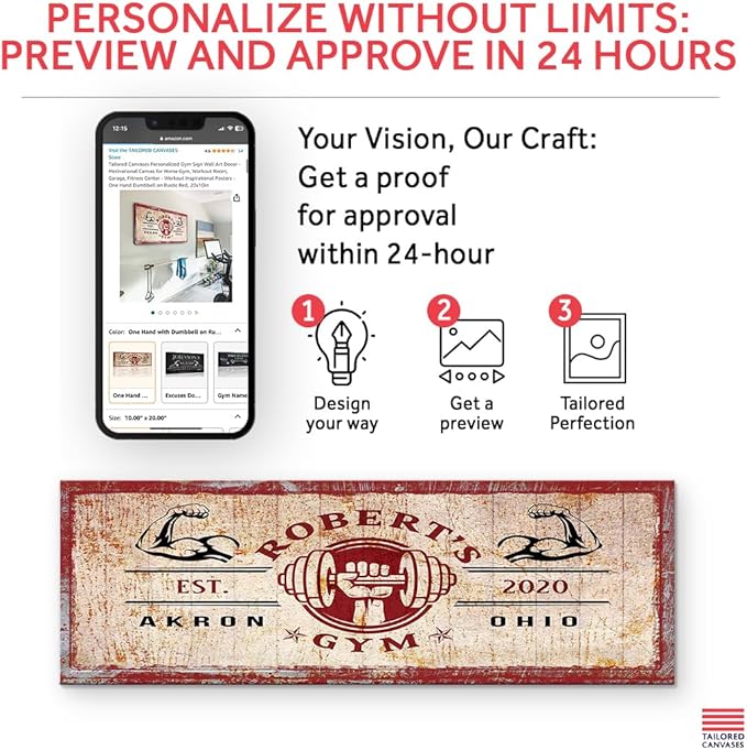 Tailored Canvases Personalized Gym Sign Wall Art Decor - Motivational Canvas for Home Gym, Workout Room, Garage, Fitness Center - Workout Inspirational Posters - One Hand Dumbbell on Rustic Red, 36x12in-StrideForce Fitness