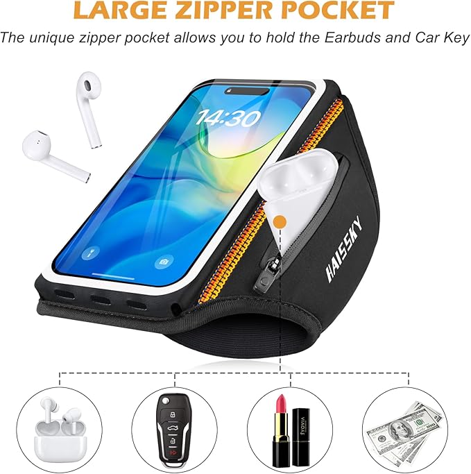 Running Armband with Earphone Bag Cell Phone Armband for iPhone 16 15 Pro 14 Plus 13 11 XR XS, Galaxy S24/S10 Water Resistant Sports Phone Holder Case & Zipper Slot Car Key Holder for 6.9 inch Phone-StrideForce Fitness