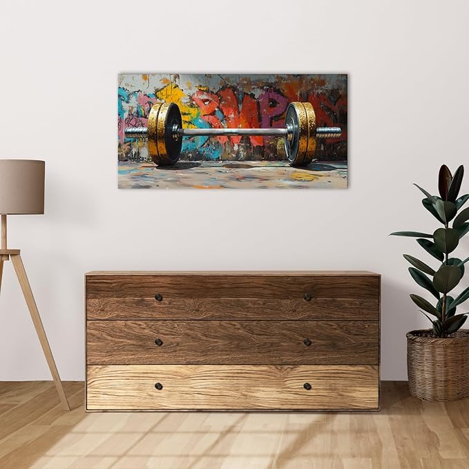 VANSEEING Graffiti Gym Wall Art Canvas Prints Barbell Weightlifting Fitness Picture Sport Motivational Artwork Oil Painting Wall decor for Workout Bedroom Fitness Boys Room 40x20 inch-StrideForce Fitness