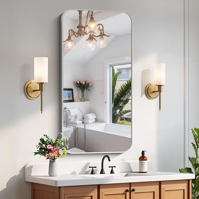 FORBATH 24x48 Inch Silver Bathroom Mirror for Over Sink, Narrow Rectangular Full Length Mirror with Metal Frame, Rounded Corners for Bathroom, Bedroom, Entryway Decor (Horizontal or Vertical)-StrideForce Fitness