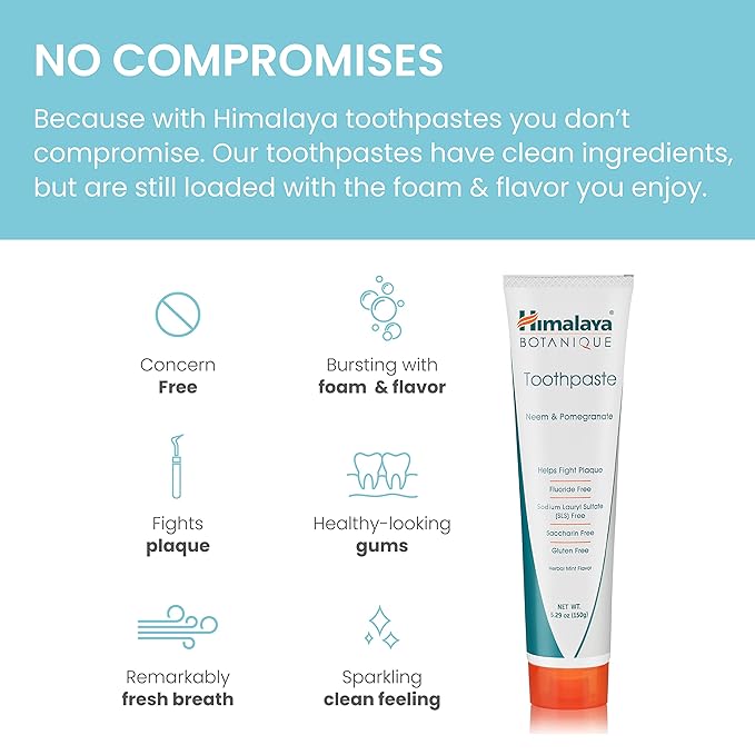 Himalaya Botanique Original Neem & Pomegranate Botanical Toothpaste, Fights Plaque, Brightens Teeth, Fluoride Free, No Artificial Flavors, SLS Free, Cruelty Free, Foaming, Mint Flavor, 5.29 Oz, 4 Pack