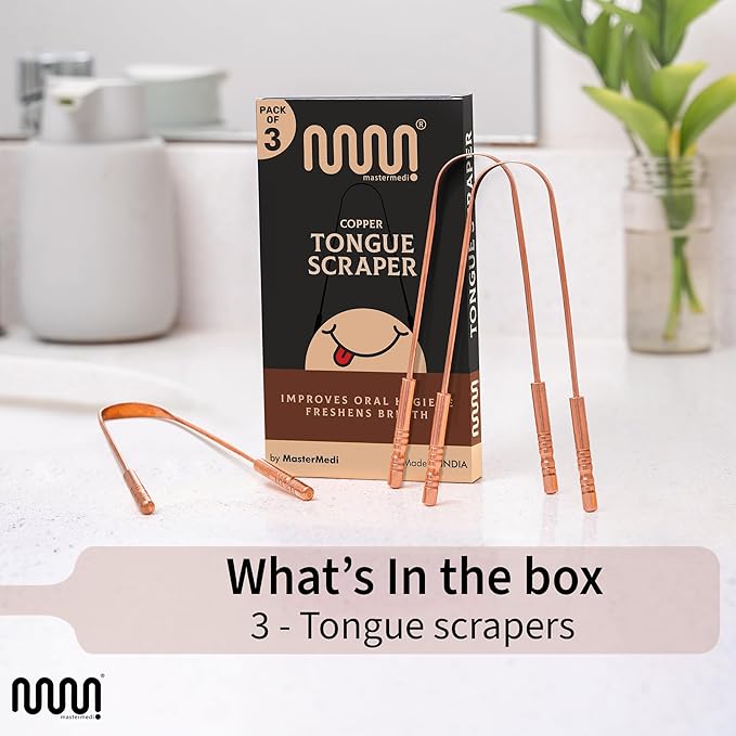 MasterMedi Pure Copper Tongue Scraper for Adults, Tongue Scrubber for Bad Breath, Easy to Use, Tongue Cleaner for Oral Care & Hygiene (Copper Pack of 3)