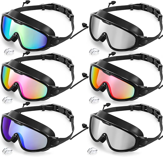 Kanayu 6 Pieces Swimming Goggles Wide View No Leaking Anti Fog Adult Swim Goggles with Earplugs Nose Clip for Adult Men Women-StrideForce Fitness