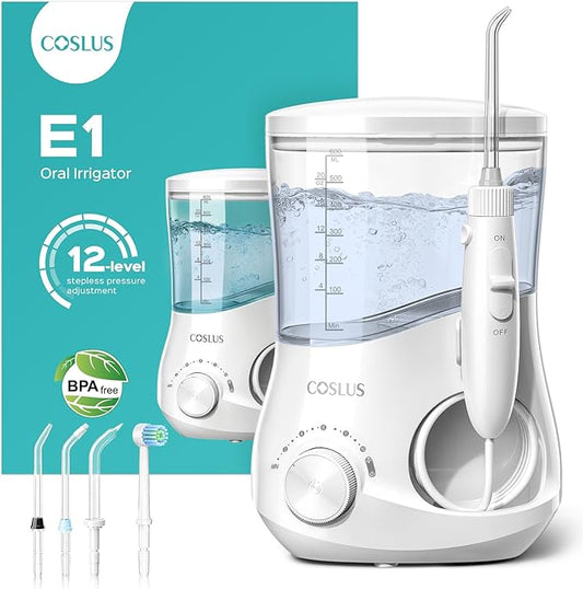 COSLUS Electric Water Flosser for Teeth: Professional Dental Pick for Orthodontic, Sensitive Gums, Braces - 12 Pressure Settings & 5 Multi-Functional Tips for Multiple Users, Home Use, White, E1