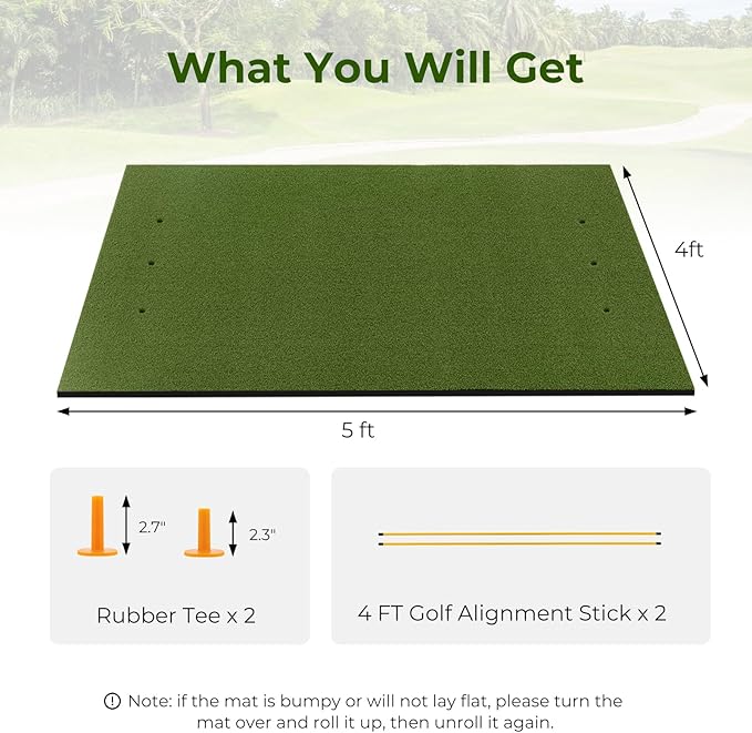 Tangkula Golf Hitting Mat, Artificial Turf Mat for Indoor/Outdoor Golf Practice Includes 2 Rubber Tees & 2 Alignment Sticks, Golf Training Mat for Home Backyard Garage-StrideForce Fitness