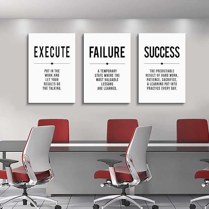 Framed Canvas Wall Art Success Quote, Office Wall Art, Black Large Poster, Positive Motivational Set of 3 Prints, Execute Failure Success Poster, Inspirational Print (D-3pcs,16x24inchx3pcs)-StrideForce Fitness