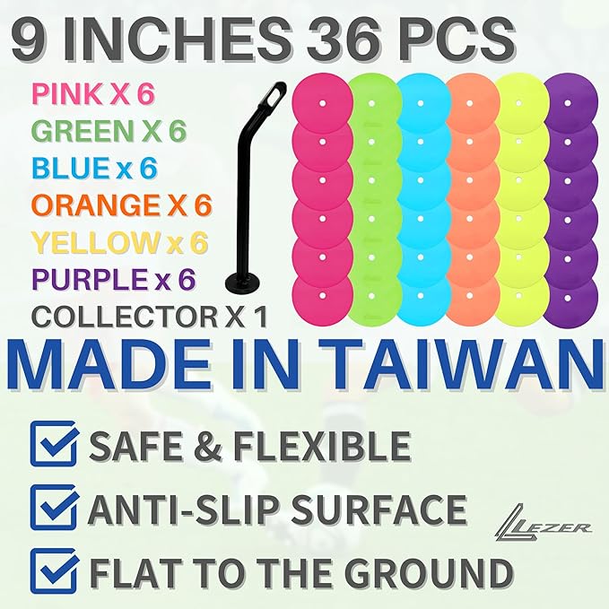 LEZER 9 Inch Flat Cones, Spot Markers, Soccer Cones, Field Court Markers, Sit Spots, Flat Discs, Soccer Training Equipment, Agility Practice, Football, Made in Taiwan-StrideForce Fitness