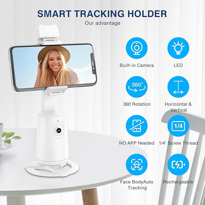 Auto Face Tracking Tripod 360° Rotating Cell Phone Photo and Video Kits Stand, No App, Camera Stand with Remote and Gesture Control, Rechargeable Smart Shooting Stand for Live Recording Tiktok (White)-StrideForce Fitness