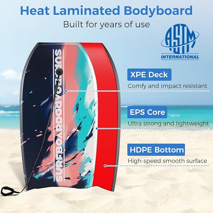 Goplus 41''/37''/33'' Lightweight Body Board for Beach, Surf Board with EPS Core, XPE Deck, HDPE Slick Bottom, Wrist Leash, Bodyboard for Kids Adults Surfing-StrideForce Fitness