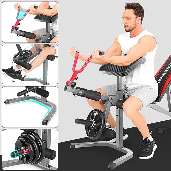 OPPSDECOR 900LBS Adjustable Weight Bench Press with Leg Extension and Preacher Curl Pad, Flat Incline Decline Utility Workout Bench for Home Gym Exercise-StrideForce Fitness