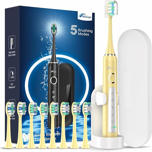 Rtauys M5 Sonic Electric Toothbrush for Adults and Kids - Rechargeable Electric Toothbrush Kids Ages 12+ and Adults with 8 Brush Heads & Travel Case, 120 Days Battery Life - Yellow