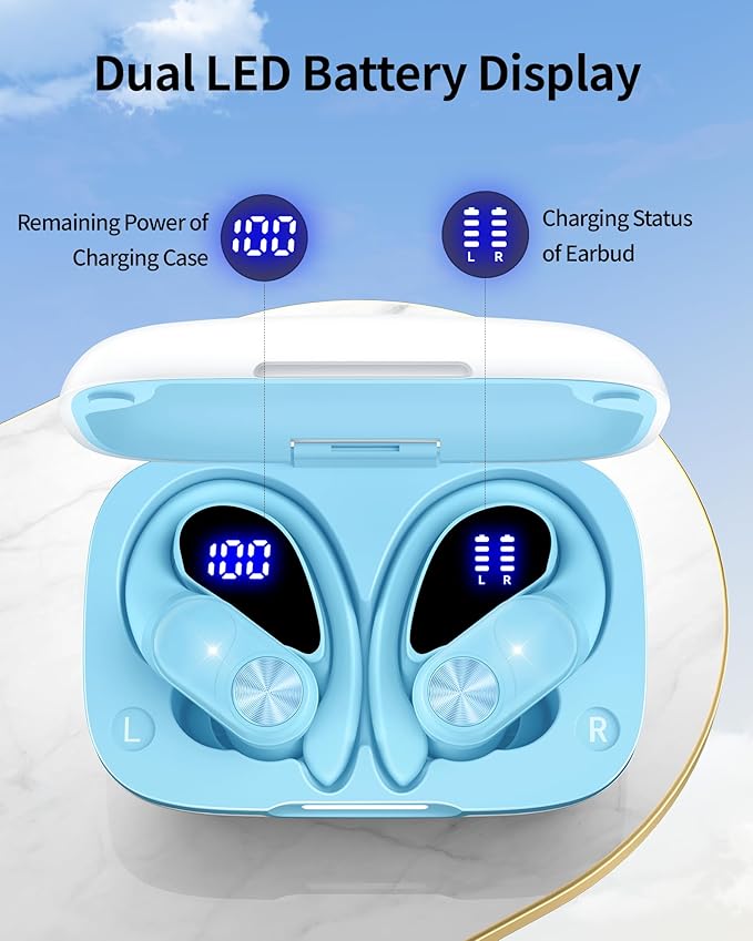 PocBuds Bluetooth Headphones Wireless Earbuds 80hrs Playtime Wireless Charging Case Digital Display Sports Ear Buds with Earhook Deep Bass IPX7 Waterproof Over-Ear Earphones for TV Phone Laptop Blue-StrideForce Fitness