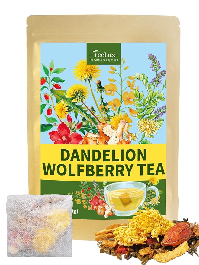 TeeLux Dandelion Wolfberry Tea, Blend with Chrysanthemum, Goji Berries, Cassia Seed, Licorice, Smooth & Mellow Flavor, Caffeine Free, 20 Count