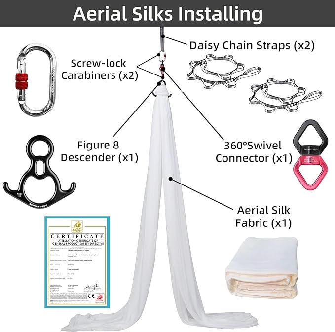 PRIOR FITNESS Aerial Silks Kit Colorful 9/15/20 Yards 40D Nylon Fabric Hammock Set With Hardware & Guide for All Levels Of Aerial Yoga Practice and Acrobatic Flying For Adults Aerial silk-StrideForce Fitness