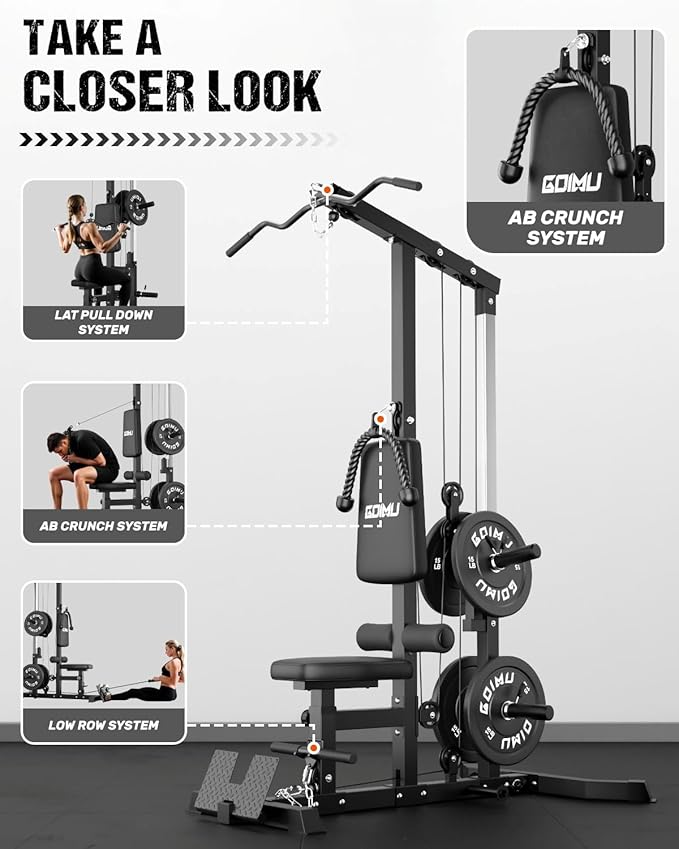 LS01 LAT Pulldown Machine, LAT Row Cable Machine with AB Crunch, LAT Tower with Cable Row Attachments, 3 in 1 Pulley Stations for Home Gym-StrideForce Fitness