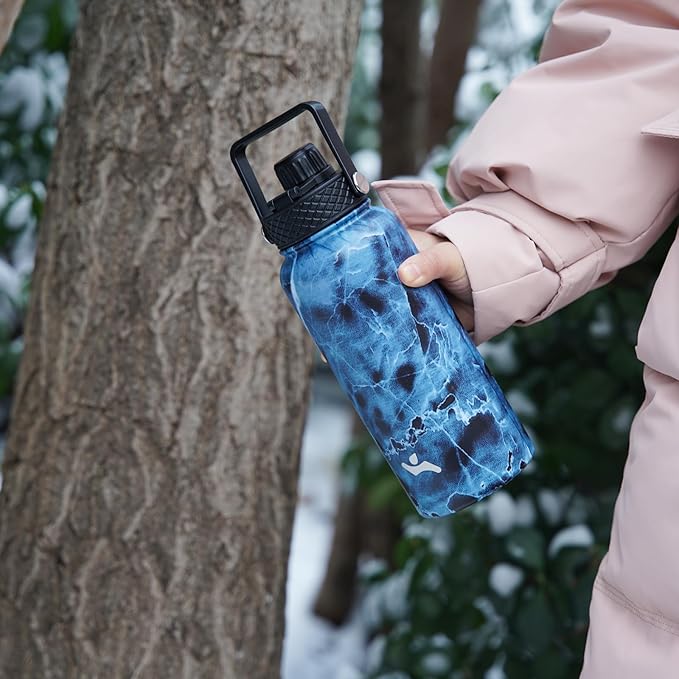 40oz Insulated Water Bottle Stainless Steel Sport Bottles with 3 Lids,Navy Blue-StrideForce Fitness