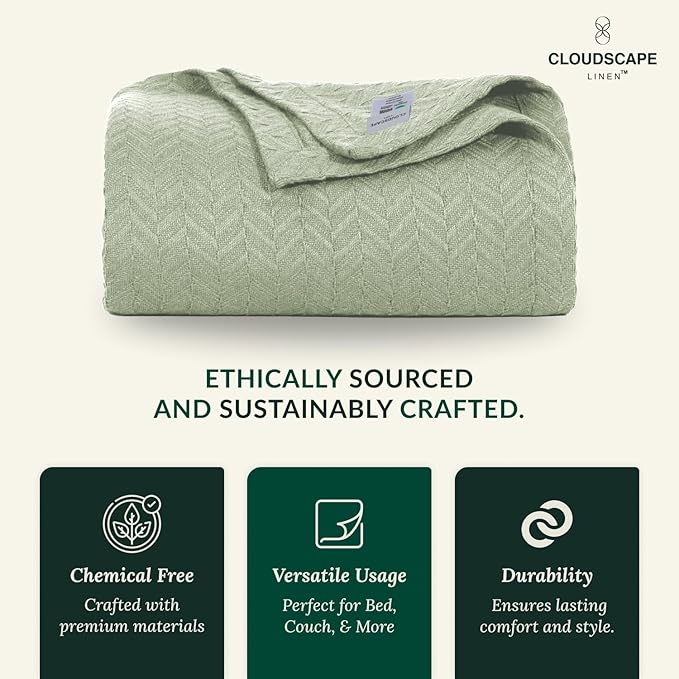 Cloud Scape Linen 100% Cotton Blanket King Size for Bed – Lightweight Summer Blanket, Herringbone Weave,fits California King Size Bed, 92x108,Seafoam Green-StrideForce Fitness