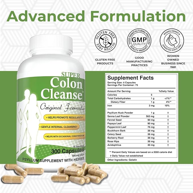 Health Plus Super Colon Cleanse Original Formula (1990-2025), 300 Capsules, 6 Cleanses - Digestive Support, Constipation Relief with Psyllium Husk and Senna Leaf-StrideForce Fitness