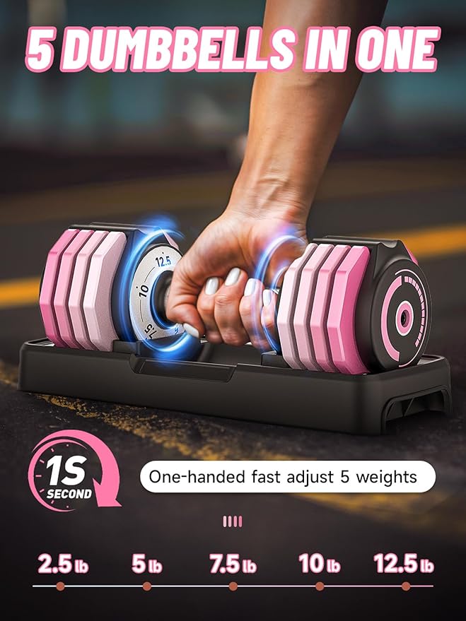 Adjustable Dumbbells Set 12.5LB/22.5LB Pair, 1-Sec Fast Adjustable 5 Weights by Turning Handle, Premium Comfort Non-slip Metal Dumbbells with Tray, Compact Size for Full Body Home Workout-StrideForce Fitness
