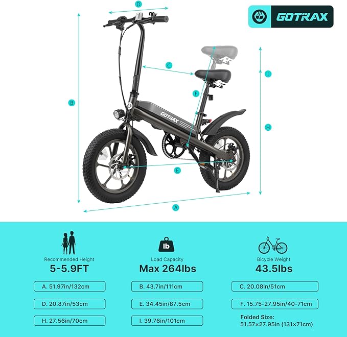Gotrax S3 Electric Bike, 16x3.0 Fat Tire Electric Bicycle Adults, 750W Peak Motor, Max Range 25 Miles, Up to 20 Mph, Removable Battery, Adjustable Seat, Folding Electric Bike for Adults/Teens 13+-StrideForce Fitness