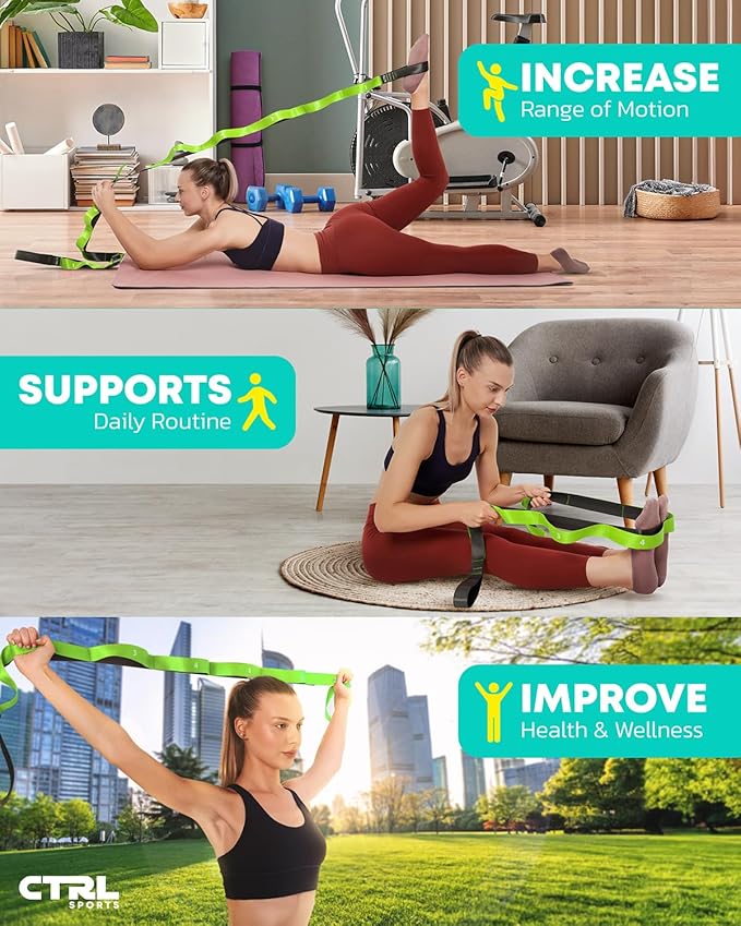 Stretching Strap with Loops - Non Elastic Stretch Band for Physical Therapy, Yoga Strap for Stretching Equipment, Stretch Bands for Exercise and Flexibility - Fascia, Hamstring & Leg Stretcher Belt-StrideForce Fitness