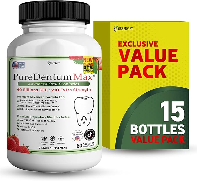 Puredentum Max for Gums and Teeth Health & Fresh Breath - 40 Billion CFU Advanced Oral Probiotics for Mouth Bad Breath, Capsule Supplement (15)