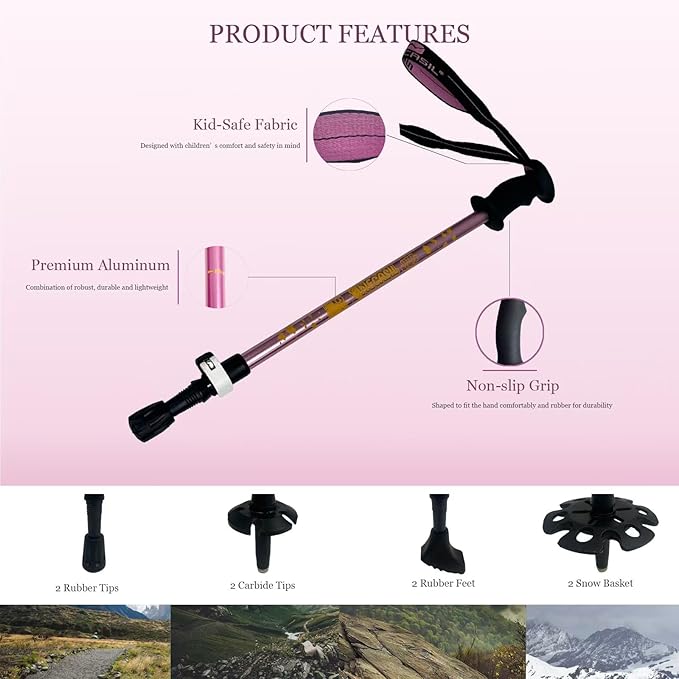 Kids Hiking Poles, 2PCS Todder Collapsible Trekking Poles for Hiking, Ski, Outdoor Activities, Todder Hiking Essentials for Boys and Girls, Blue, Pink Available-StrideForce Fitness