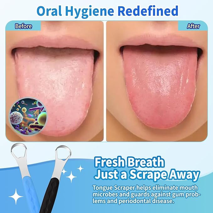 2-Pack Colorful Tongue Scraper for Adults with Travel Case, Stainless Steel, Metal Tongue Brush for Bad Breath, Oral Hygiene Tool, Easy to Use & Portable