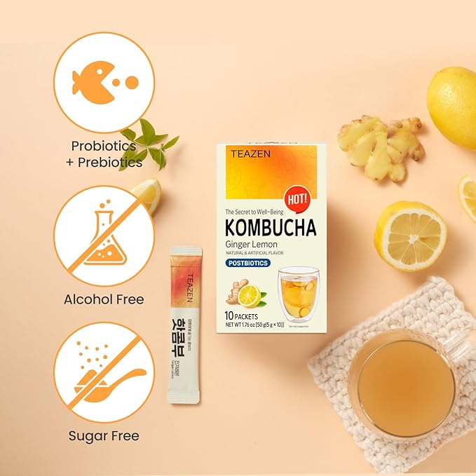 TEAZEN Lemon Ginger Hot Kombucha Tea, Spice Tea, Live Probiotics & Postbiotics, Relaxation and Warmth for Colds and Sore Throat, Hydration Drink Mix, Sugar Free, 10 Sticks, 1.76oz-StrideForce Fitness