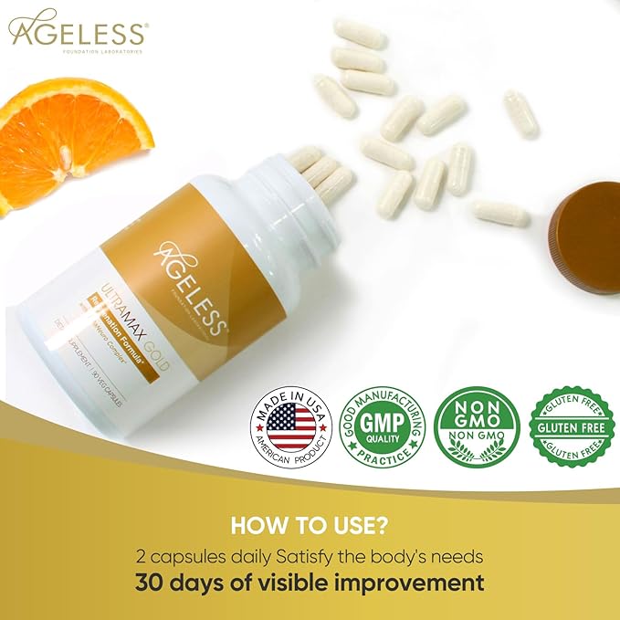 AGELESS™: UltraMAX Gold™ Capsules, HGH Anti-Aging Supplement for Women, Slows Cellular Aging, Supports Immune Health, Smoother Skin Tone and Restorative Sleep, Weight Management, 90 Capsules-StrideForce Fitness