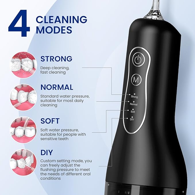 Water Flosser for Teeth Cleaning: Deep Cleaning for Braces & Sensitive Gums - 260ML Portable Cordless Oral Irrigator with DIY Strength, 4 Modes, 30-Day Battery, IPX7 Waterproof for Home Travel Black