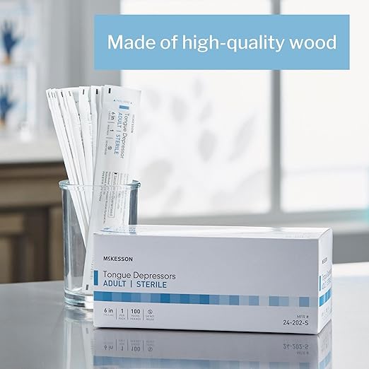 McKesson Tongue Depressors Adult Size, Sterile, Individually Wrapped, Wood, Unflavored, Splinter-Free (100, 6")