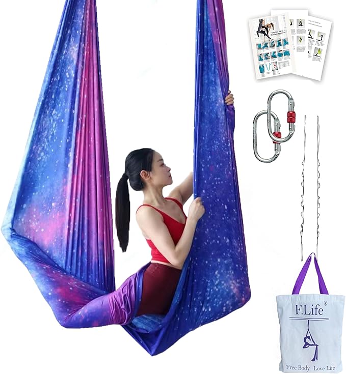 F.Life Aerial Yoga Hammock kit- Yoga Swing Multicolor 5 yards-Flying Yoga Include Daisy Chain,Carabiner and Pose Guide-StrideForce Fitness
