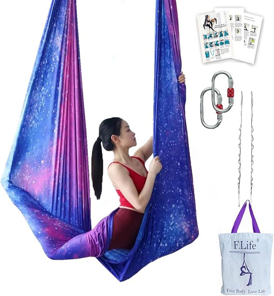 F.Life Aerial Yoga Hammock kit- Yoga Swing Multicolor 5 yards-Flying Yoga Include Daisy Chain,Carabiner and Pose Guide-StrideForce Fitness