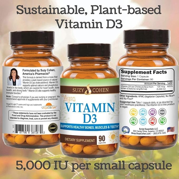 Script Essentials Vegan Vitamin D3 5,000 IU for Healthy Muscle Function, Bone Health, and Immune Support - Non-GMO, Gluten Free and Kosher Certified - 90 Servings-StrideForce Fitness