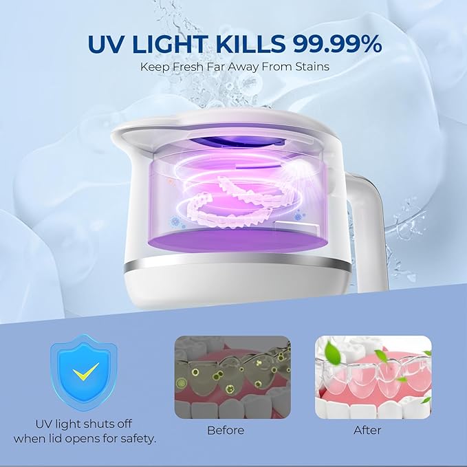 Ultrasonic Retainer Cleaner Machine - 45kHz Ultrasonic Cleaner - 200ML Mouth Guard & Denture Cleaner Pod & Jewelry - 5 Modes with Digital Timer - Upgrade Water Bottle Design, Porcelain White