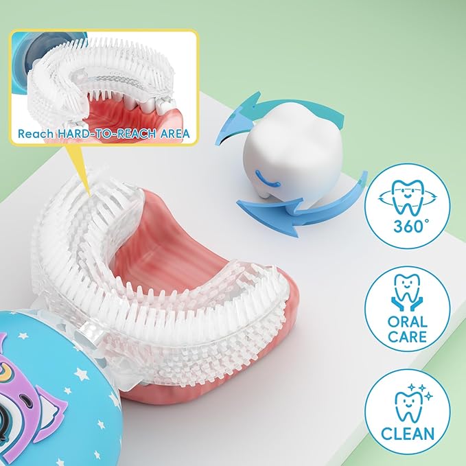Kids U Shaped Electric Toothbrush Age 2-12, 360-Degree Ultra Quiet Whole Mouth Toothbrush,4 Brush Heads,2 Mode