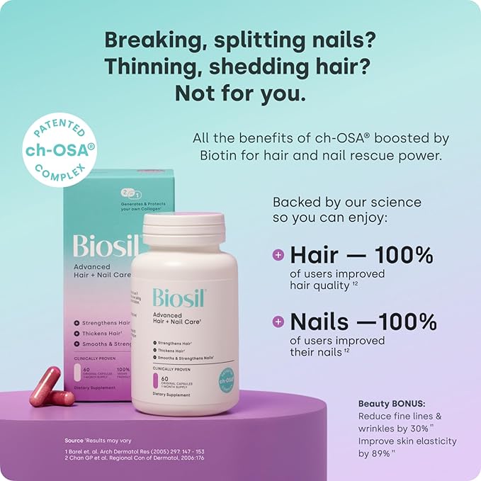 Biosil Advanced Hair + Nail Care - Growth Vitamins for Women - Strengthen & Thicken Strands - 60 Capsules - Patented ch-OSA - 30-Day Supply-StrideForce Fitness
