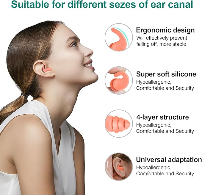 Swimming Ear Plugs for Adults,3 Pairs Waterproof Reusable Silicone Swim Earplugs for Swimming Surfing Snorkeling Showering and Water Pool,Beach,Ocean (Adults & Teens 14+)-StrideForce Fitness